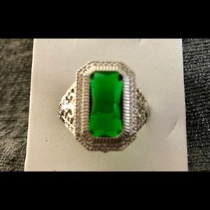 Green CZ halo ring in White Gold filled